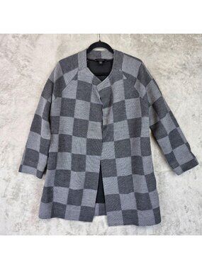 Ann Taylor Coat Womens Small Gray 100% Wool Check Open Front Long Collarless